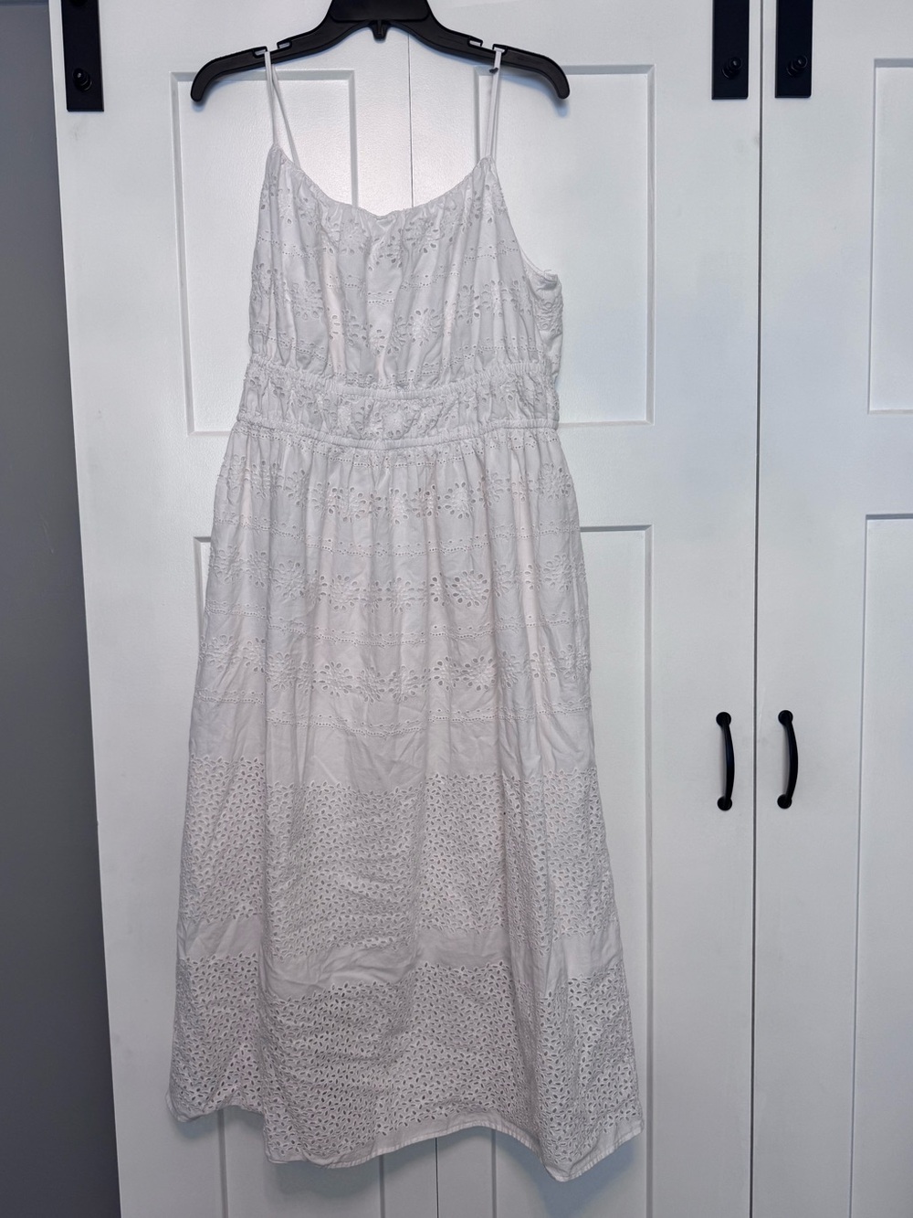 Classic White Eyelet Midi Dress with Spaghetti Straps